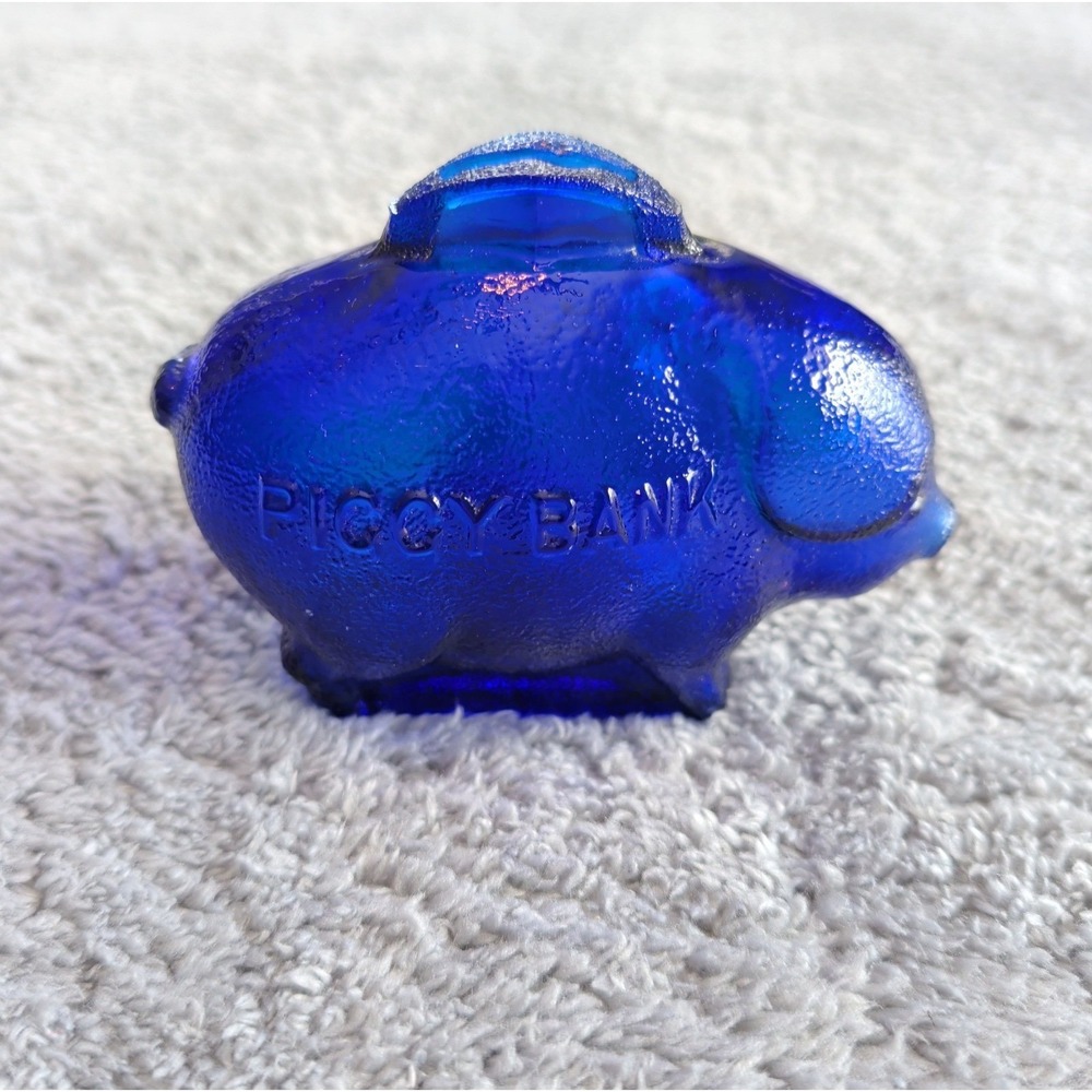 Vintage Cobalt Blue Glass Piggy Bank Textured Stippled Pressed Glass Coin Bank